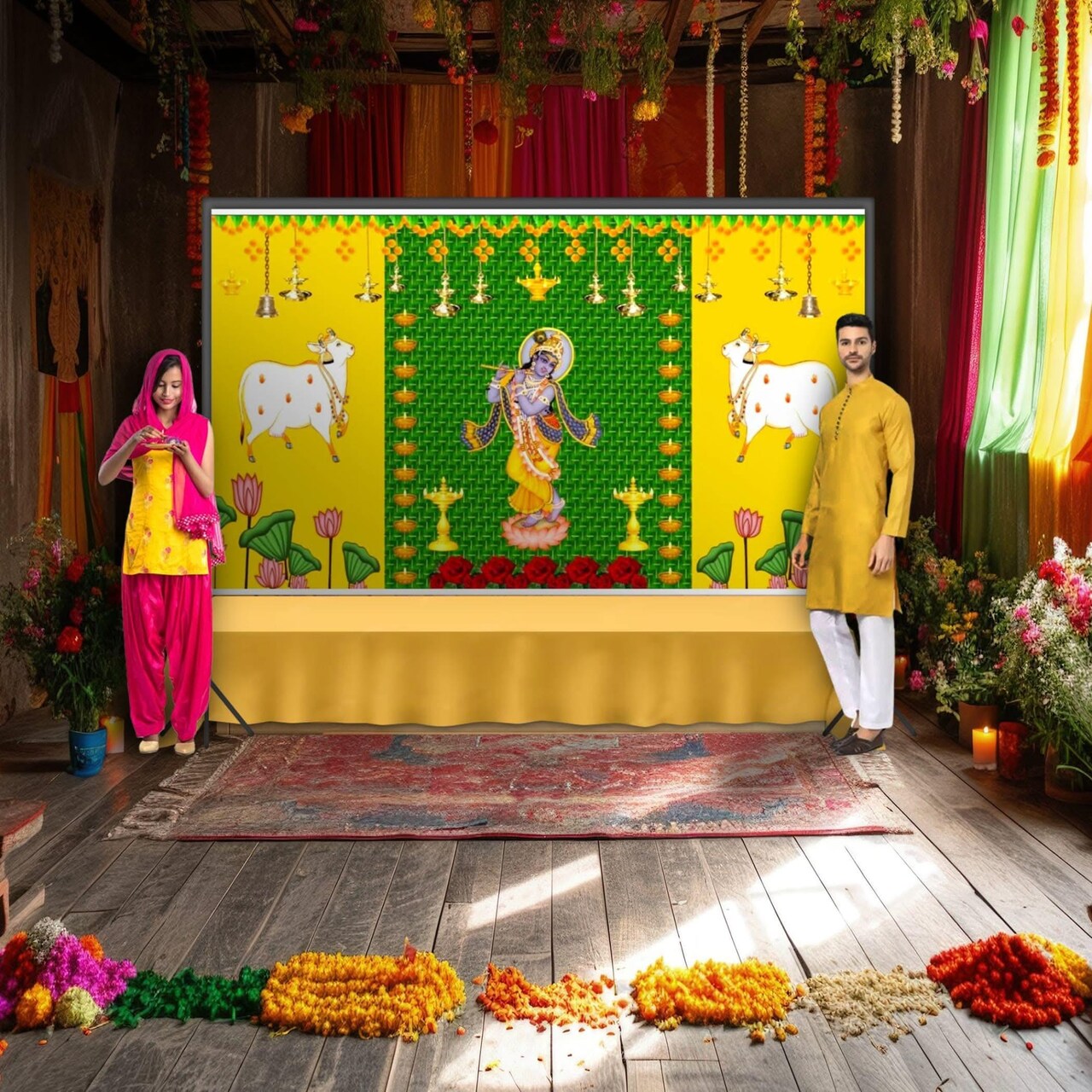 Krishna with Cow Backdrop Indian Traditional Cloth 5x8 Feet Backdrop Pooja Wall Decor Indian Wall Art Photo Decor Banner Indian Janmashtami Decor Decorative Pooja Cloth